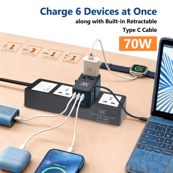 MX GaN 70W Universal Travel Adapter with Retractable 54cm USB-C Cable, 3 USB-C Ports & 1 A Port, 1 Universal Socket, 6-in-1 Fast Charging International Adapter, Type A/C/G/I Output 200+ Countries