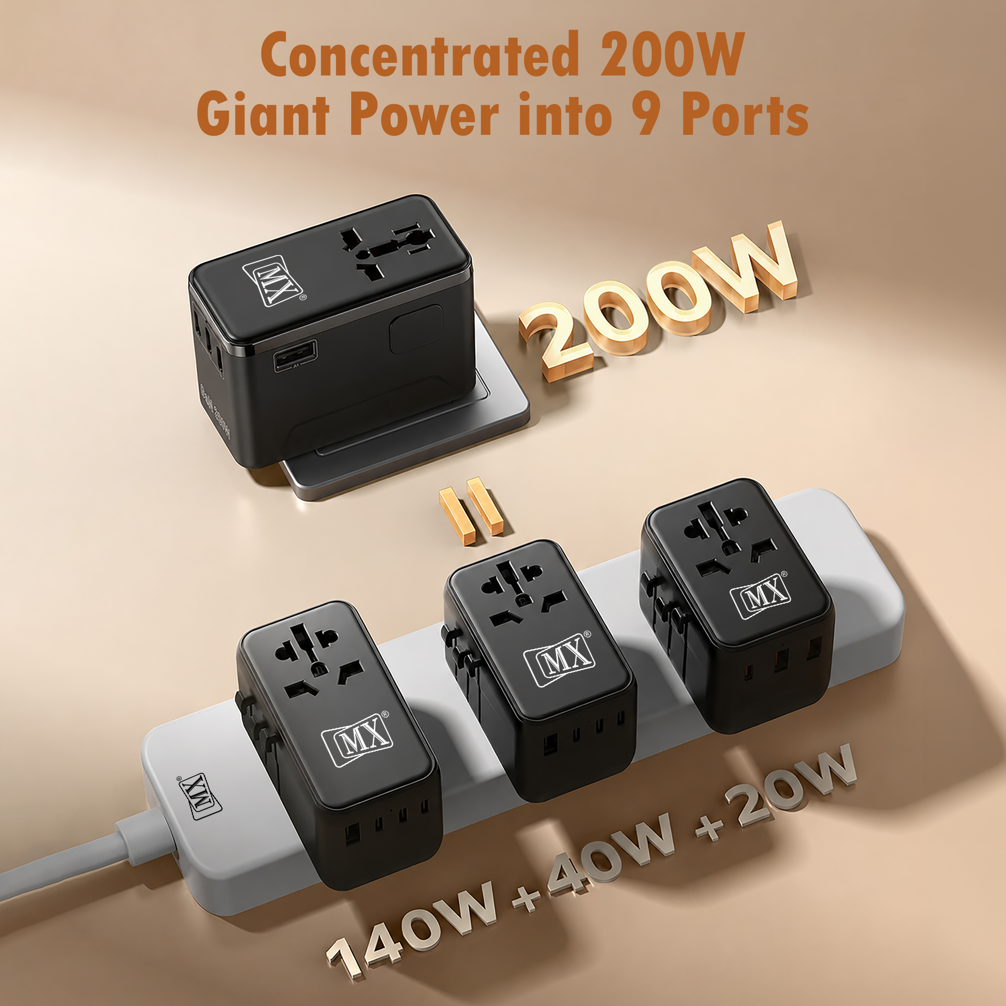 MX GaN 200W Universal Travel Adapter with 3 USB-C & 1 USB-A Port AC Outlet, 5-in-1 International Power Adapter for Worldwide Travel, Type A/C/G/I Plugs, 200+ Countries Fast Charging Adapter