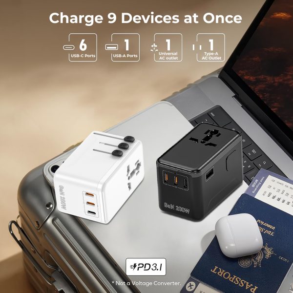 MX GaN 200W Universal Travel Adapter with 3 USB-C & 1 USB-A Port AC Outlet, 5-in-1 International Power Adapter for Worldwide Travel, Type A/C/G/I Plugs, 200+ Countries Fast Charging Adapter