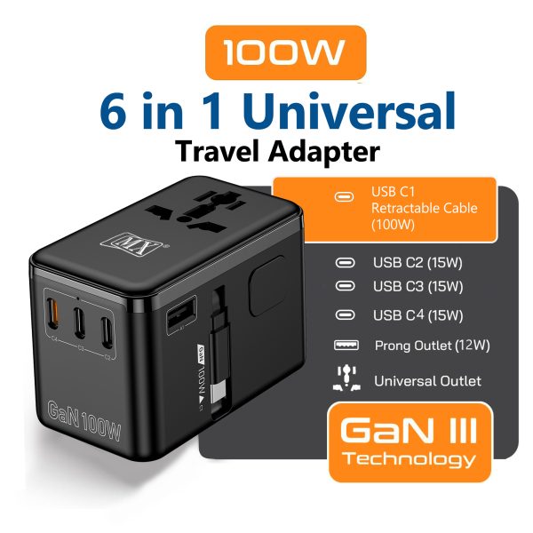 MX GaN 100W Universal Travel Adapter with Retractable 54cm USB-C Cable, 3 USB-C Ports & 1 A Port, 1 Universal Socket, 6-in-1 Fast Charging International Adapter, Type A/C/G/I Output 200+ Countries
