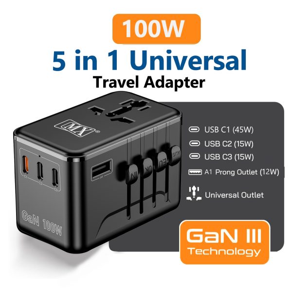 MX GaN 100W Universal Travel Adapter with 3 USB-C Ports & 1 USB-A Port, 5-in-1 International Power Adapter for Worldwide Travel with Auto-Resetting Fuse, Type D/A/C/G/I Output, 200+Countries