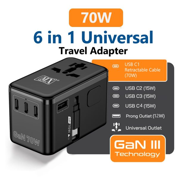 MX GaN 70W Universal Travel Adapter with Retractable 54cm USB-C Cable, 3 USB-C Ports & 1 A Port, 1 Universal Socket, 6-in-1 Fast Charging International Adapter, Type A/C/G/I Output 200+ Countries