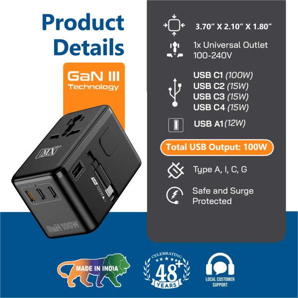MX GaN 100W Universal Travel Adapter with Retractable 54cm USB-C Cable, 3 USB-C Ports & 1 A Port, 1 Universal Socket, 6-in-1 Fast Charging International Adapter, Type A/C/G/I Output 200+ Countries