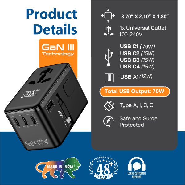 MX GaN 70W Universal Travel Adapter with Retractable 54cm USB-C Cable, 3 USB-C Ports & 1 A Port, 1 Universal Socket, 6-in-1 Fast Charging International Adapter, Type A/C/G/I Output 200+ Countries