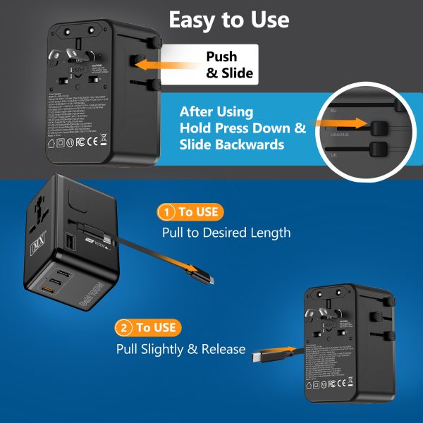 MX GaN 100W Universal Travel Adapter with Retractable 54cm USB-C Cable, 3 USB-C Ports & 1 A Port, 1 Universal Socket, 6-in-1 Fast Charging International Adapter, Type A/C/G/I Output 200+ Countries