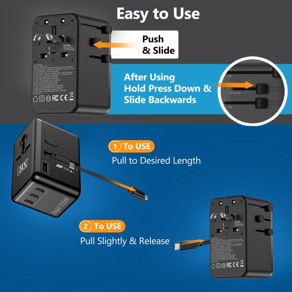 MX GaN 70W Universal Travel Adapter with Retractable 54cm USB-C Cable, 3 USB-C Ports & 1 A Port, 1 Universal Socket, 6-in-1 Fast Charging International Adapter, Type A/C/G/I Output 200+ Countries