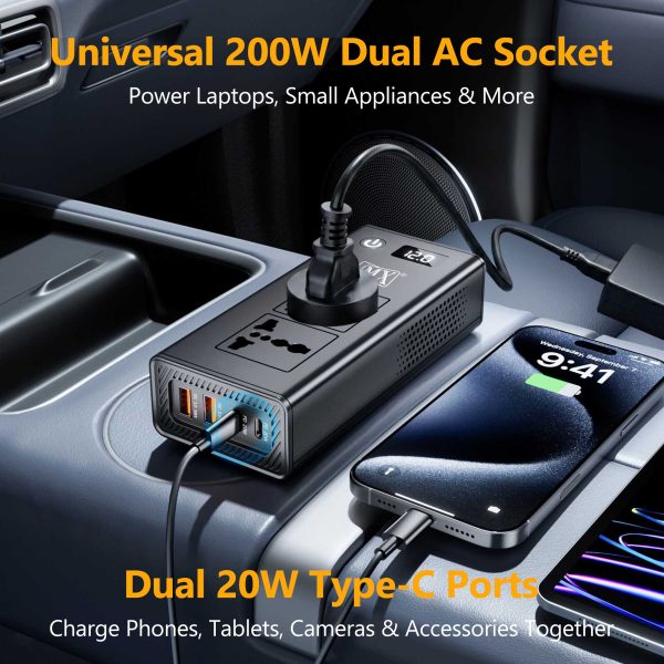 MX 200W Car Power Inverter, 6-in-1 Car Laptop Charger with Dual AC Sockets, 20W Type-C PD, 36W USB Ports, Voltage Display, ON/OFF Switch, Multi-Protection,12V to 220V Car Adapter for Travel,Road Trips