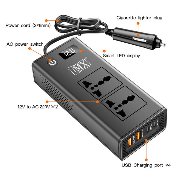 MX 200W Car Power Inverter, 6-in-1 Car Laptop Charger with Dual AC Sockets, 20W Type-C PD, 36W USB Ports, Voltage Display, ON/OFF Switch, Multi-Protection,12V to 220V Car Adapter for Travel,Road Trips