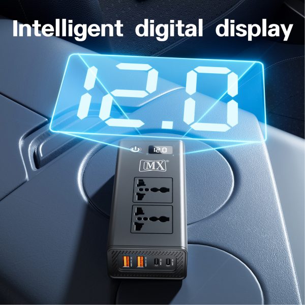 MX 200W Car Power Inverter, 6-in-1 Car Laptop Charger with Dual AC Sockets, 20W Type-C PD, 36W USB Ports, Voltage Display, ON/OFF Switch, Multi-Protection,12V to 220V Car Adapter for Travel,Road Trips