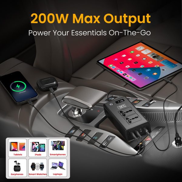 MX 200W Car Power Inverter, 6-in-1 Car Laptop Charger with Dual AC Sockets, 20W Type-C PD, 36W USB Ports, Voltage Display, ON/OFF Switch, Multi-Protection,12V to 220V Car Adapter for Travel,Road Trips