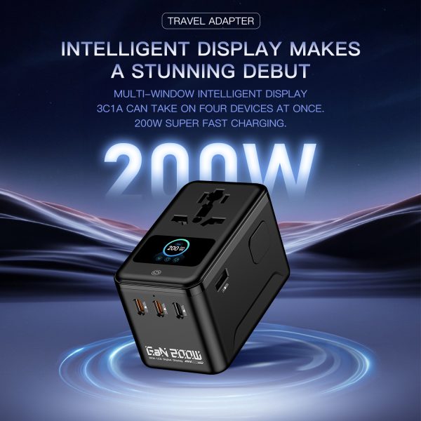 MX GaN 200W Plus Smart Display Universal Travel Adapter with 3 USB-C Ports & 1 USB-A Port, 5-in-1 International Power Adapter for Worldwide Travel with Auto-Resetting Fuse, Type D/A/C/G/I Output, 200+Countries