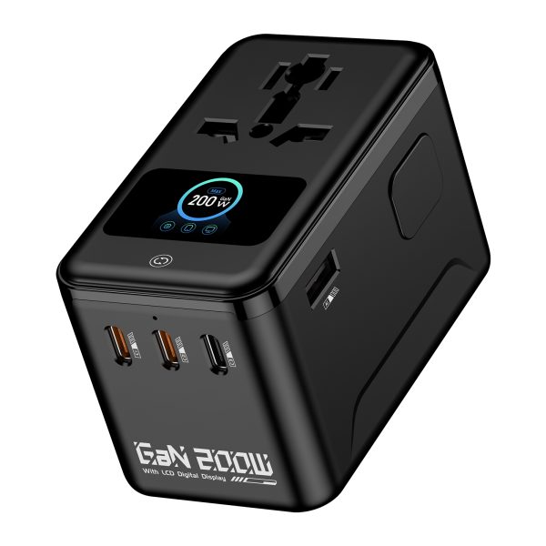 MX GaN 200W Plus Smart Display Universal Travel Adapter with 3 USB-C Ports & 1 USB-A Port, 5-in-1 International Power Adapter for Worldwide Travel with Auto-Resetting Fuse, Type D/A/C/G/I Output, 200+Countries