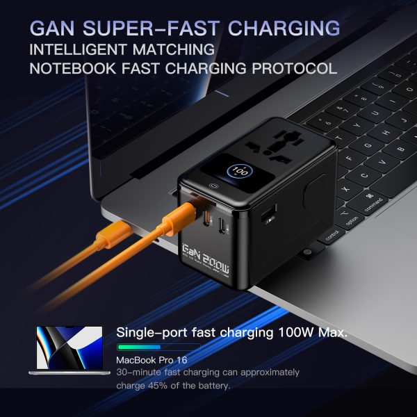 MX GaN 200W Plus Smart Display Universal Travel Adapter with 3 USB-C Ports & 1 USB-A Port, 5-in-1 International Power Adapter for Worldwide Travel with Auto-Resetting Fuse, Type D/A/C/G/I Output, 200+Countries