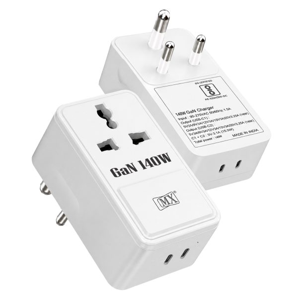 MX 140W GaN Multi Plug Indian Pin Adapter with Universal Socket & Dual USB-C PD Fast Charging