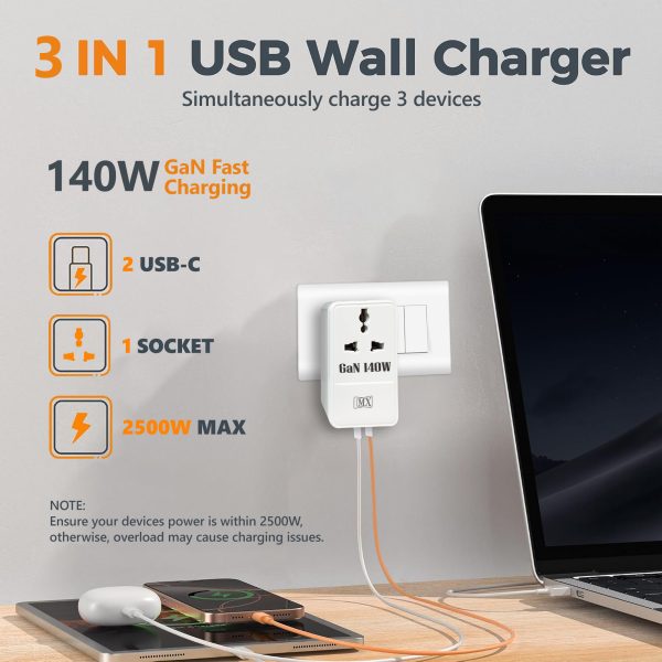 MX 140W GaN Multi Plug Indian Pin Adapter with Universal Socket & Dual USB-C PD Fast Charging