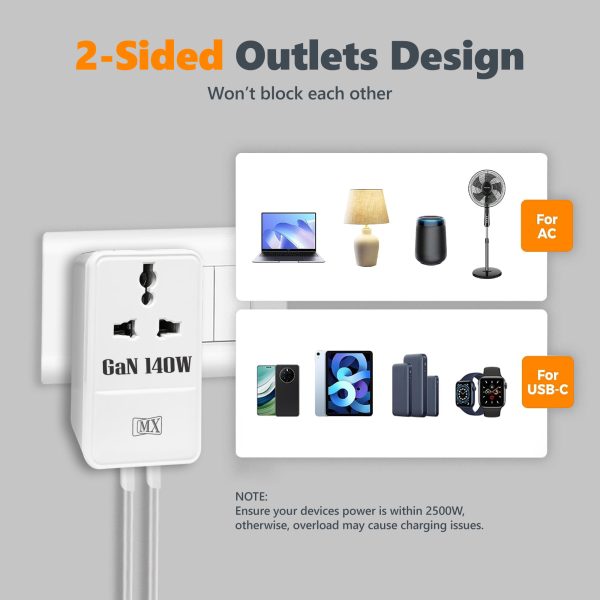 MX 140W GaN Multi Plug Indian Pin Adapter with Universal Socket & Dual USB-C PD Fast Charging