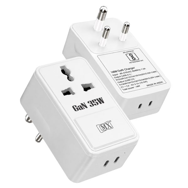 MX 35W GaN Multi Plug Indian Pin Adapter with Universal Socket & Dual USB-C PD Fast Charging