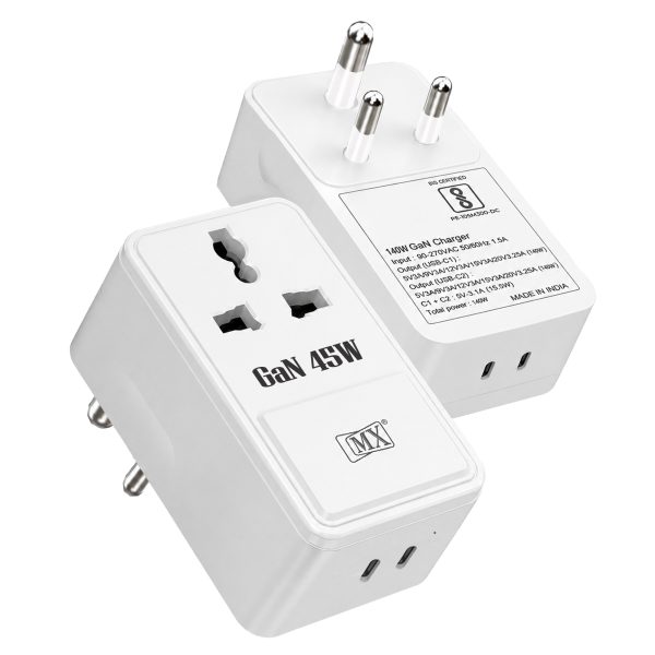 MX 45W GaN Multi Plug Indian Pin Adapter with Universal Socket & Dual USB-C PD Fast Charging