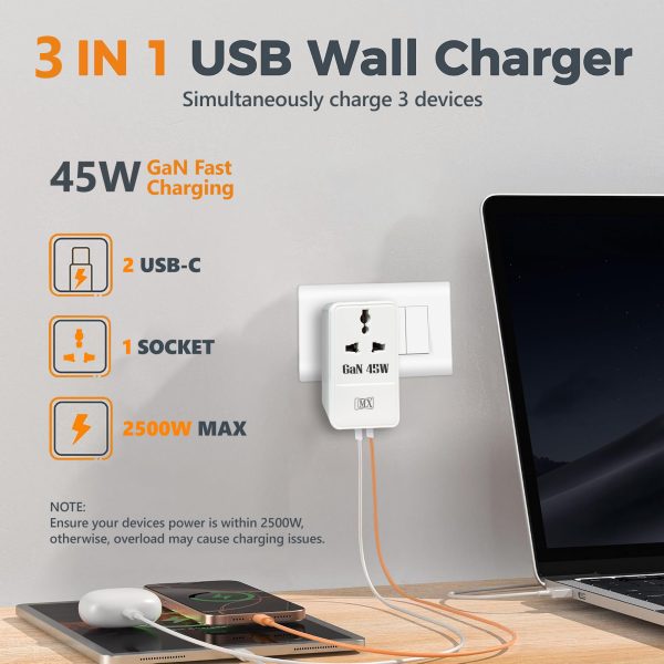 MX 45W GaN Multi Plug Indian Pin Adapter with Universal Socket & Dual USB-C PD Fast Charging