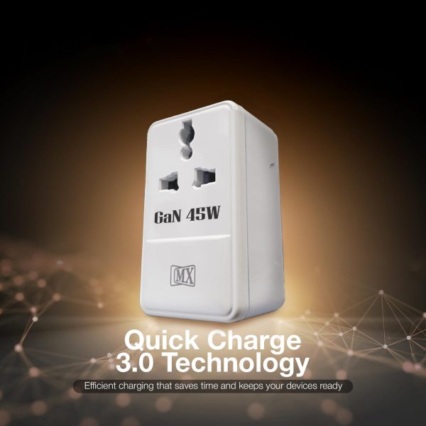 MX 45W GaN Multi Plug Indian Pin Adapter with Universal Socket & Dual USB-C PD Fast Charging