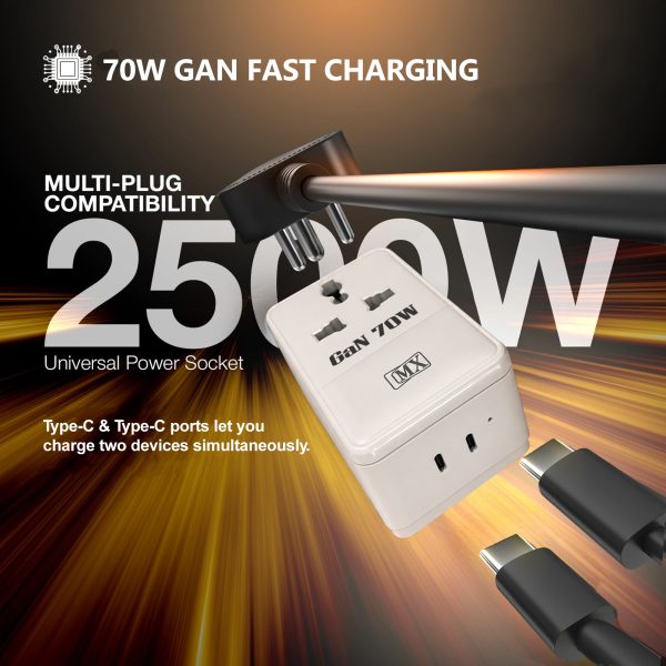 MX 70W GaN Multi Plug Indian Pin Adapter with Universal Socket & Dual USB-C PD Fast Charging