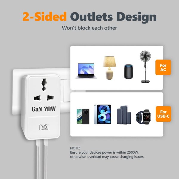 MX 70W GaN Multi Plug Indian Pin Adapter with Universal Socket & Dual USB-C PD Fast Charging