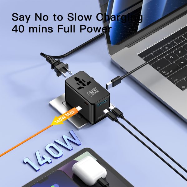 MX GaN 140W Universal Travel Adapter with 2 AC Outlets, 3 USB-C & 1 USB-A Ports, 6-in-1 International Power Adapter for Worldwide Travel, Type A/C/G/I Plugs, 200+ Countries Fast Charging Adapter