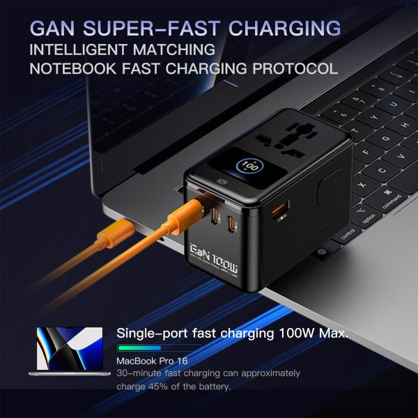 MX 100W GaN Universal Travel Adapter Smart LCD Display Fast Charging Station, Multi Device Charger, USB-C PD 100W International Plug Adapter for 200+ Countries | MacBook, iPhone, Samsung & Laptop