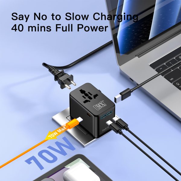 MX GaN 70W Universal Travel Adapter with 2 AC Outlets, 3 USB-C & 1 USB-A Ports, 6-in-1 International Power Adapter for Worldwide Travel, Type A/C/G/I Plugs, 200+ Countries Fast Charging Adapter
